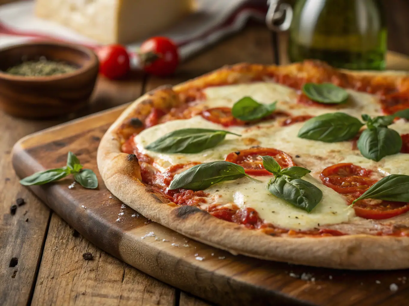 A vibrant, close-up shot of a perfectly cooked Margherita pizza, showcasing the fresh basil, ripe tomatoes, and melted mozzarella, prepared by a chef in a home kitchen setting.