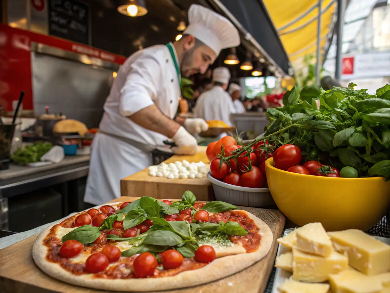 A chef carefully arranging gourmet toppings on a pizza, showcasing the premium ingredients and attention to detail that goes into creating a custom pizza.