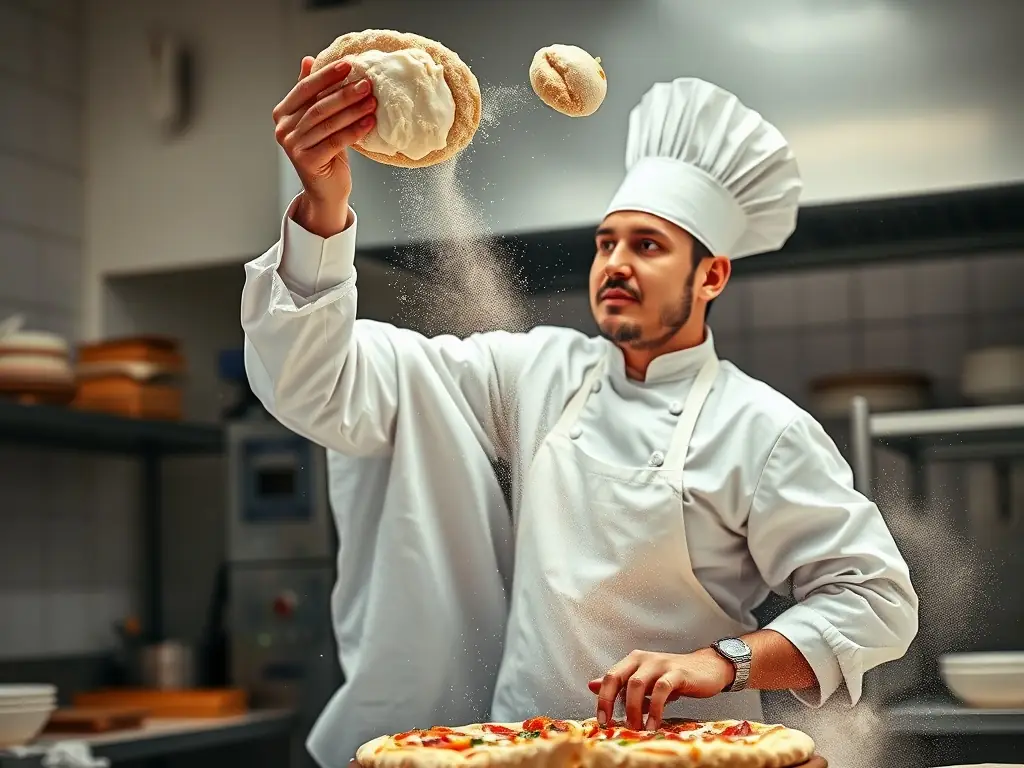 A dynamic image of a chef tossing pizza dough in the air during an event, with guests smiling and watching in the background, highlighting the interactive and entertaining aspect of the service.